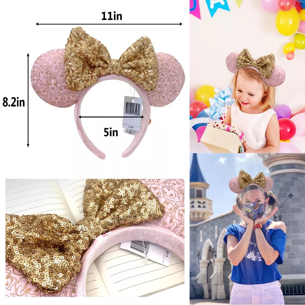 2⚡️'s/$55~Disney Parks Princess Rose/Golden Sequin Bow Headband NWT~One Size - Picture 5 of 11